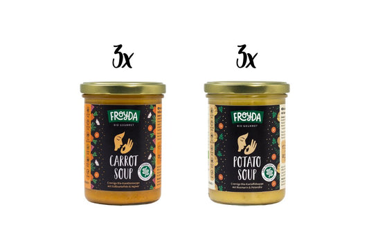 Froyda Carrot and Potato Soup jars on white background