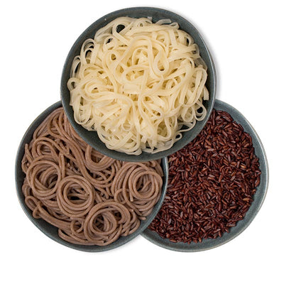 Side dishes – rice noodles, red rice and buckwheat noodles in bowls