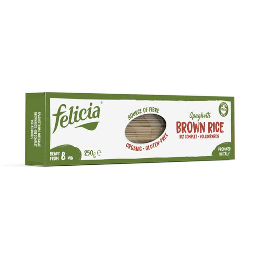 Box of Felicia brown rice spaghetti on a white background